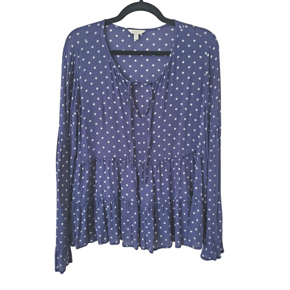 Lucky Brand Tops - Lucky Brand Womens Navy Blue Polka Dot Tiered Babydoll Blouse Top Medium Peplum